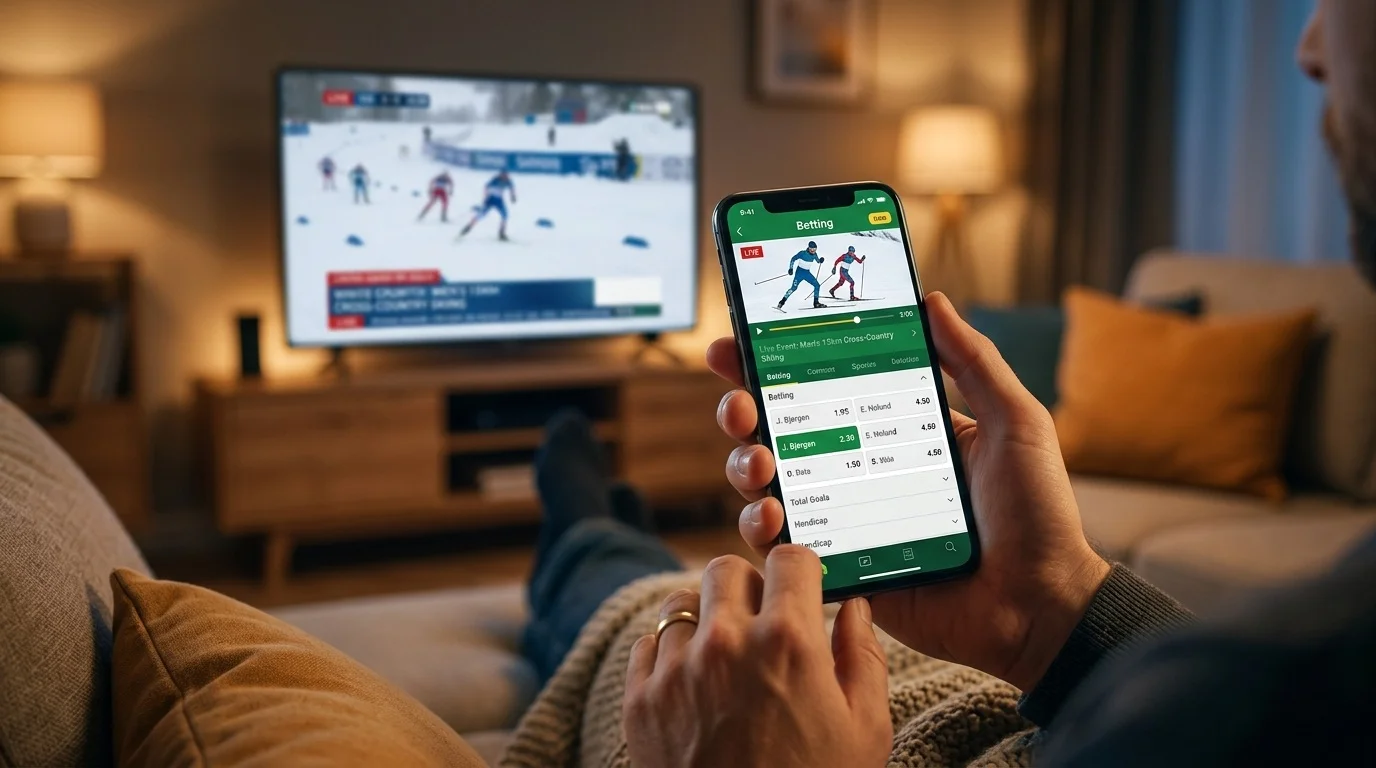 Sportwetten-App auf einem Smartphone während eines Langlauf-Rennens